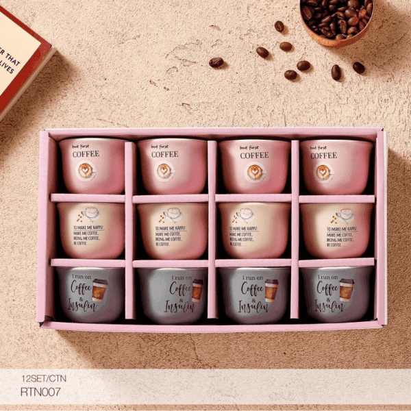 MOMAZ Coffee Cup Set displaying a mix of pink, beige, and grey pastel mugs.