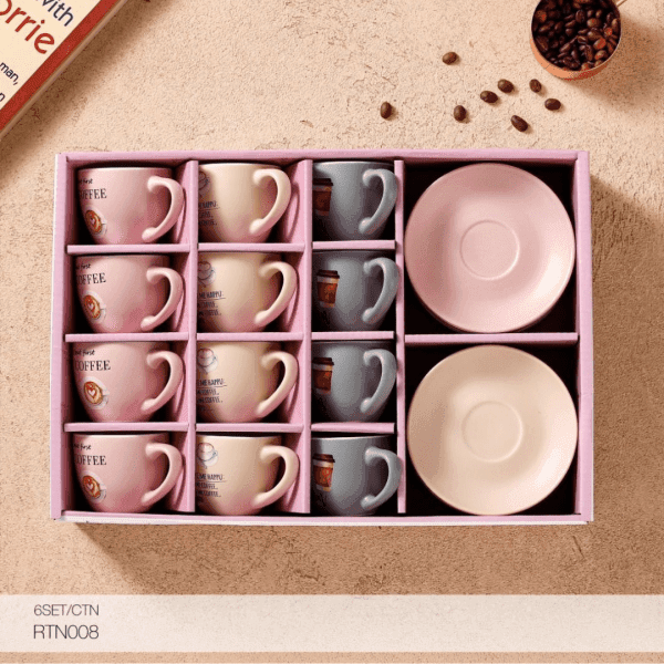 MOMAZ Coffee Cup and Saucer Set displaying cups resting on their matching plates in pastel colors.