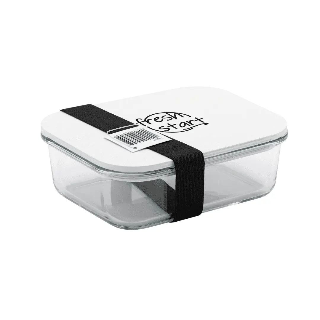 Glass Meal Prep Container with Bamboo Lid & Strap on a white background