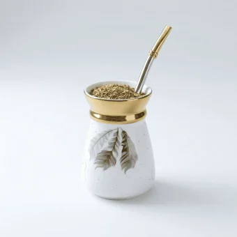 NASMA Series Porcelain Mate Cup – Feather Pattern & Gold Rim, on a white wall