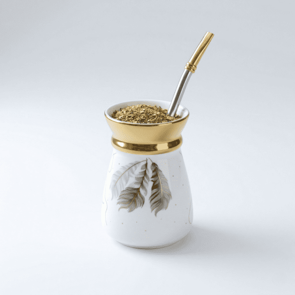 NASMA Series Porcelain Mate Cup displaying a decorative feather pattern and gold rim.