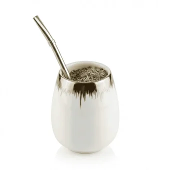 Premium Porcelain Mate Cup – Durable Yerba Gourd, with a pipe on a white background