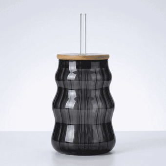 480ml Ribbed Glass Cup with a lid and straw