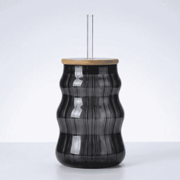 480ml Ribbed Glass Cup with a lid and straw