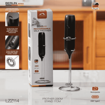 Momaz Berlin Series Rechargeable Milk Frother resting on its stainless steel storage stand.