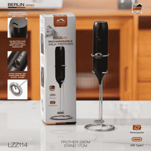 Momaz Berlin Series Rechargeable Milk Frother resting on its stainless steel storage stand.