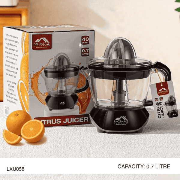 Momaz Citrus Juicer featuring a 40-watt motor and 0.7-liter pitcher for fresh oranges.