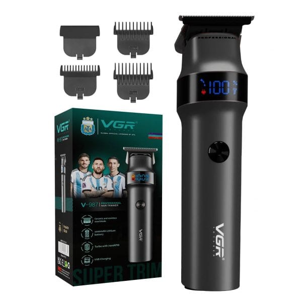 VGR V-987 Professional Hair Trimmer displaying its smart LED screen alongside four guide combs.