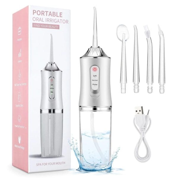 Portable Water Flosser standing upright with its 4 interchangeable jet tips displayed next to it.