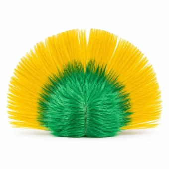 A green and yellow spiked mohawk hair wig representing Brazil's football team colors, isolated on a white background.