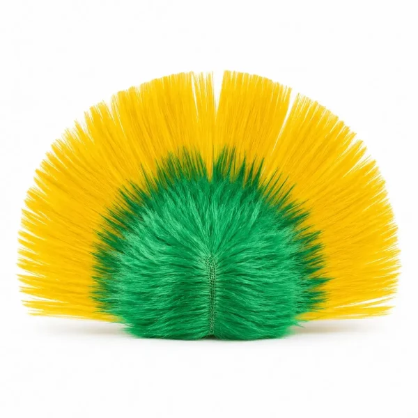 A green and yellow spiked mohawk hair wig representing Brazil's football team colors, isolated on a white background.