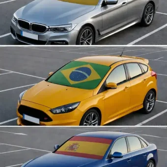 A collection showing three cars featuring German, Brazilian, and Spanish national flag design sunshades applied to their windshields.