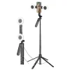 folded and extended views of black selfie stick tripod with dual LED ring lights and phone holder