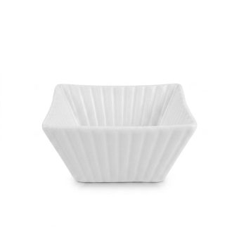 A single white ribbed square ceramic bowl.