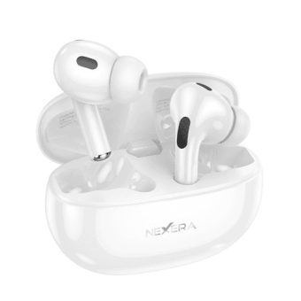 Nexera NX-TWS01 Norman True Wireless Bluetooth Airpods displayed inside their white charging case.
