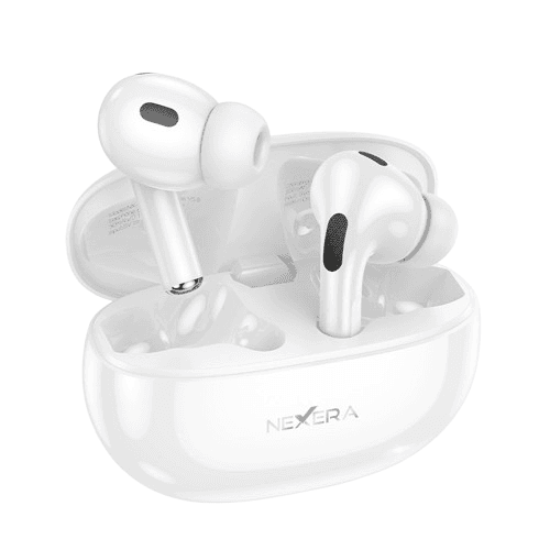 Nexera NX-TWS01 Norman True Wireless Bluetooth Airpods displayed inside their white charging case.