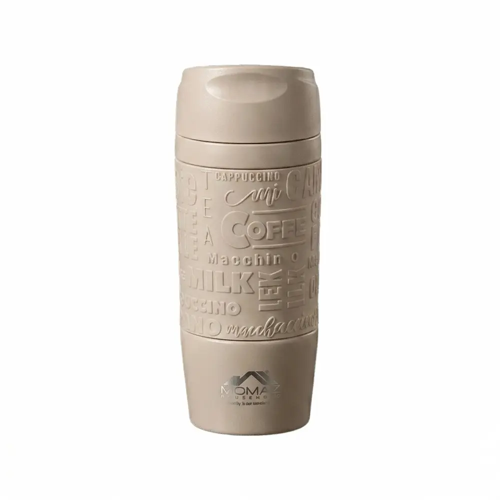 Momaz 300ml double-wall insulated stainless steel travel mug in beige with embossed coffee words and matching beige lid, isolated on a white background.