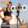 black selfie stick tripod with two LED ring lights mounted on tripod stand