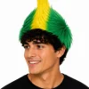 A young man wearing a vibrant green and yellow spiked mohawk hair wig representing Brazil's football team colors, isolated on a white background.