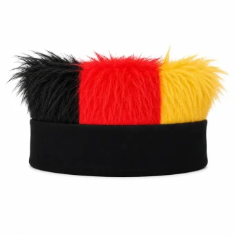 A premium world cup fan hat for Germany featuring vibrant black, red, and gold faux fur stripes on a solid black base band, isolated on a white background.