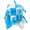 World Cup party jester hat for Argentina fans featuring a light blue and white checkered plush design with extended soft points and shiny blue pom-poms, isolated on a white background.