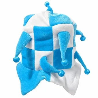 World Cup party jester hat for Argentina fans featuring a light blue and white checkered plush design with extended soft points and shiny blue pom-poms, isolated on a white background.