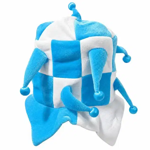 World Cup party jester hat for Argentina fans featuring a light blue and white checkered plush design with extended soft points and shiny blue pom-poms, isolated on a white background.
