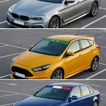 A collage of three cars featuring Germany, Brazil, and France national flag designs as windshield sunshade decals.