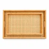 Two rectangular bamboo serving trays with woven rattan bases and built-in side handles