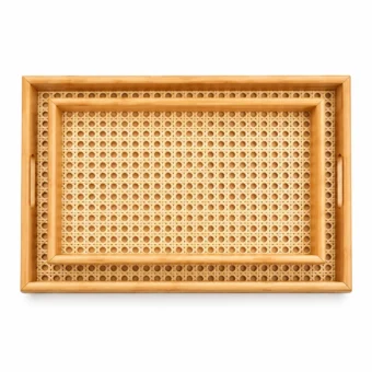 Two rectangular bamboo serving trays with woven rattan bases and built-in side handles