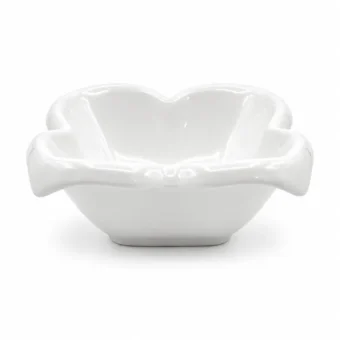 Glossy white ceramic serving bowl featuring an elegant flower-shaped design