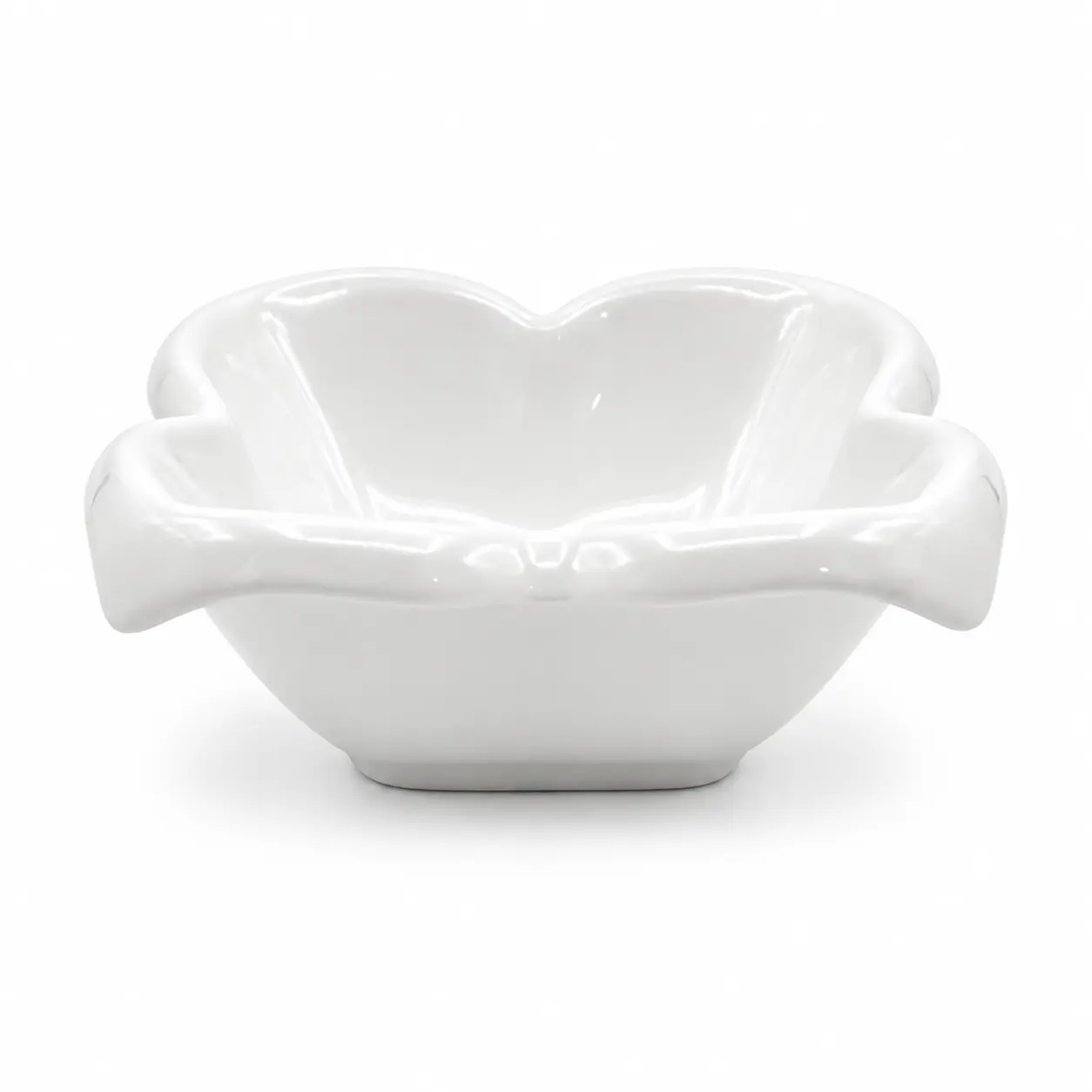 Glossy white ceramic serving bowl featuring an elegant flower-shaped design