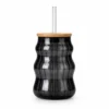 Ribbed black glass drinking cup with a bamboo lid and reusable clear glass straw
