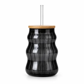 Ribbed black glass drinking cup with a bamboo lid and reusable clear glass straw