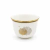 White porcelain serving bowl decorated with gold and silver trees and a black-and-gold rim