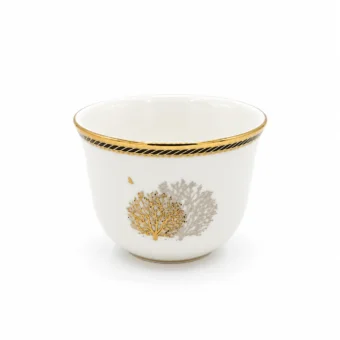 White porcelain serving bowl decorated with gold and silver trees and a black-and-gold rim