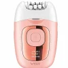 Front view of a VGR professional hair removal epilator in a glossy pastel pink and white design, featuring a rose gold center panel with a digital LED battery display showing 100% charge, isolated on a clean white background.