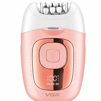 Front view of a VGR professional hair removal epilator in a glossy pastel pink and white design, featuring a rose gold center panel with a digital LED battery display showing 100% charge, isolated on a clean white background.
