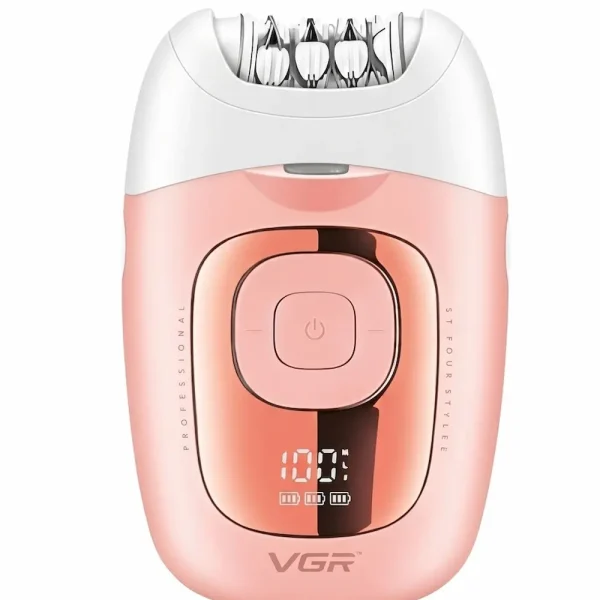 Front view of a VGR professional hair removal epilator in a glossy pastel pink and white design, featuring a rose gold center panel with a digital LED battery display showing 100% charge, isolated on a clean white background.