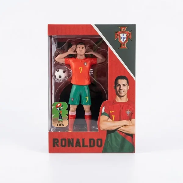 Cristiano Ronaldo collectible action figure in the red and green Portugal national football team jersey with number 7, inside a red and dark green window display box on a solid white background.
