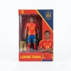Lamine Yamal collectible action figure in the red and blue Spain national football team kit with number 19, standing inside a red and dark blue window display box on a bright white background.