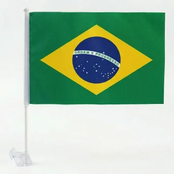 Brazil national car flag measuring 30 by 45 cm complete with a white plastic vehicle window clip mount, on a clean white background.