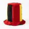 Oversized Germany national team plush fan hat with alternating vertical stripes of black, red, and gold, isolated on a white background.