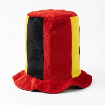 Oversized Germany national team plush fan hat with alternating vertical stripes of black, red, and gold, isolated on a white background.