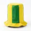Oversized Brazil national team plush fan hat with alternating vertical stripes of bright yellow and dark green, isolated on a white background.