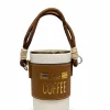 A portable white ceramic coffee mug with a brown leather sleeve, gold 