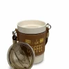 A portable white ceramic coffee mug with a brown leather sleeve, gold 