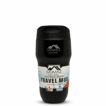 A black 300 ml Momaz insulated travel mug with double-wall construction