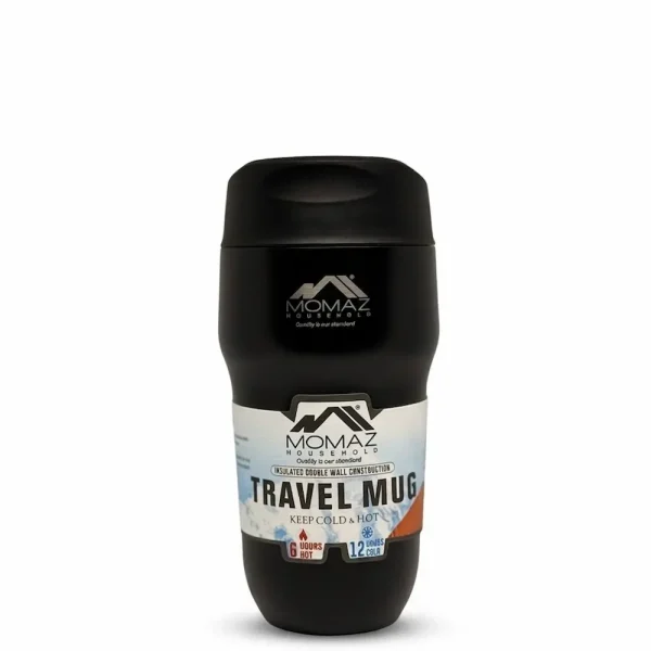 A black 300 ml Momaz insulated travel mug with double-wall construction