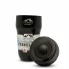 A black 300 ml Momaz insulated travel mug shown next to its removable travel lid